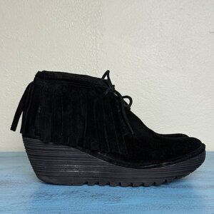Fly London Yank Black Suede Ankle Boots Fringe Platform EU 41 - US 10-10.5